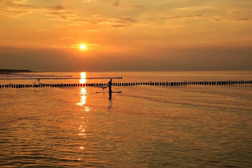 sunset, sea, paddle, water, calm, silence, clouds, nature, quiet, heaven, sun, calm, silence